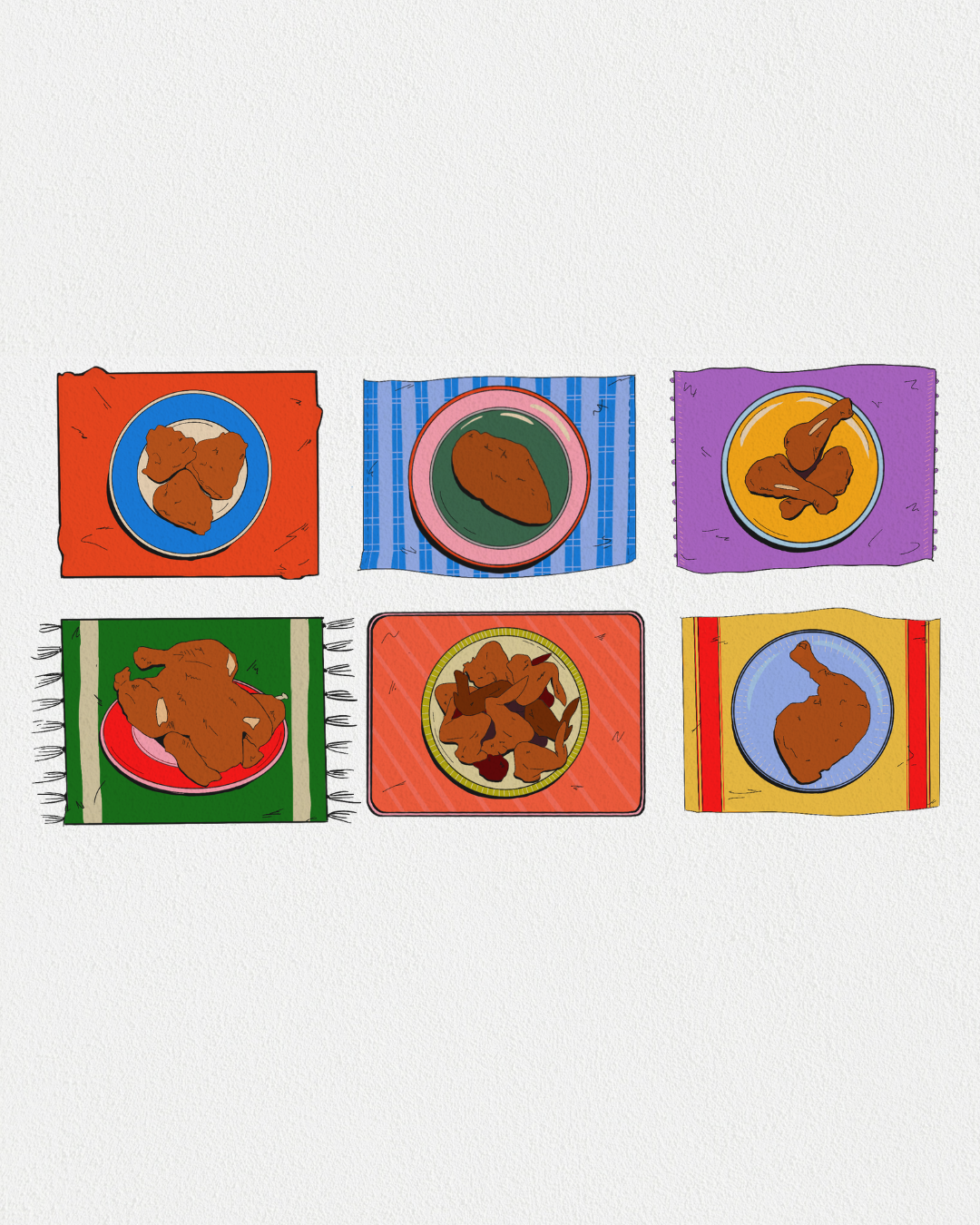 Hand-rendered food illustrations on patterned plates