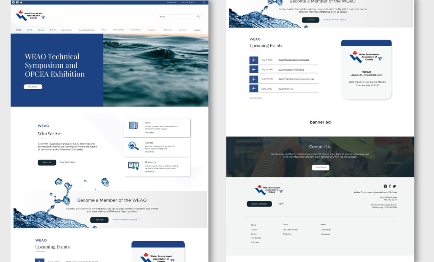 WEAO website homepage, events, and footer
